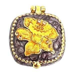 Vintage Gold and Purple Enamel w/Felt Bottom Floral Trinket Pill Box 1.5" Square